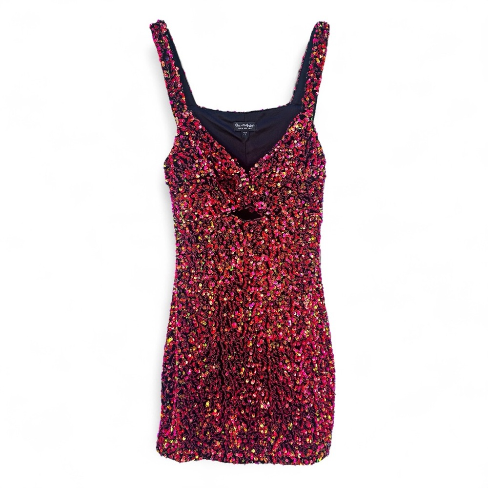 Miss Selfridge Sequin Bodycon Mini Dress in Red + Pink - Size 4